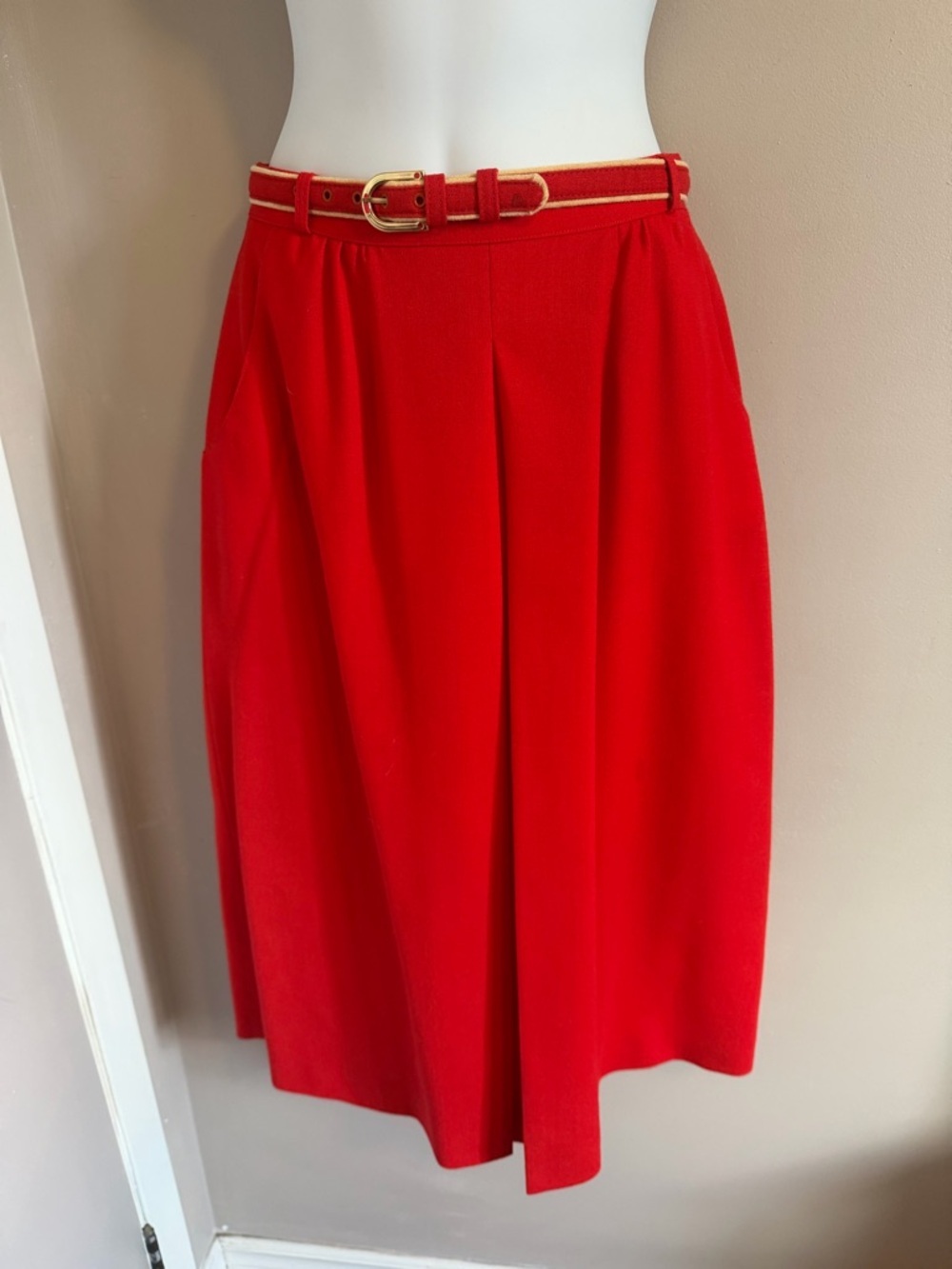 Vintage Cherry Red Pleated Midi Skirt with Belt Size S